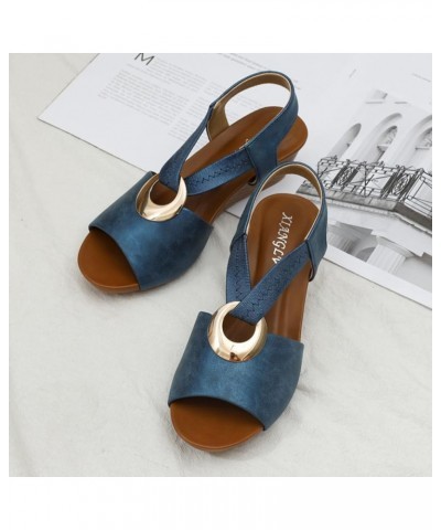 Women's Casual Strappy Sandal Open Toe Two Strap High Heeled Sandal Wedding Women's Flip-Flop Sandals Blue $21.41 Sandals