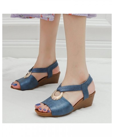 Women's Casual Strappy Sandal Open Toe Two Strap High Heeled Sandal Wedding Women's Flip-Flop Sandals Blue $21.41 Sandals