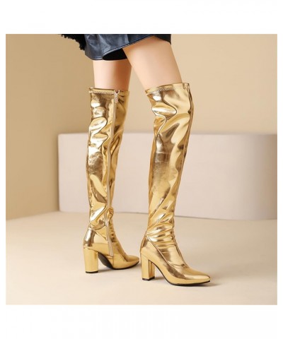 Women Super High Chunky Heel Side Zipper Shiny Sexy Long Boots Gold $28.75 Boots