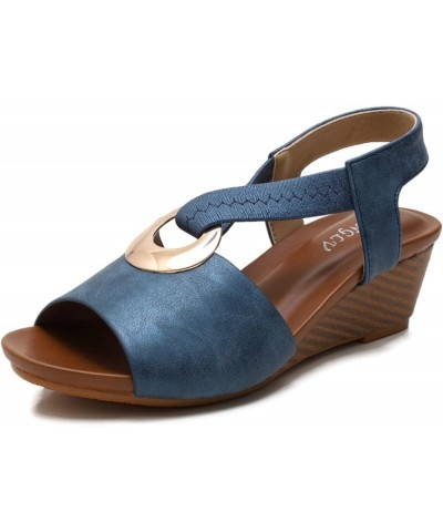 Women's Casual Strappy Sandal Open Toe Two Strap High Heeled Sandal Wedding Women's Flip-Flop Sandals Blue $21.41 Sandals