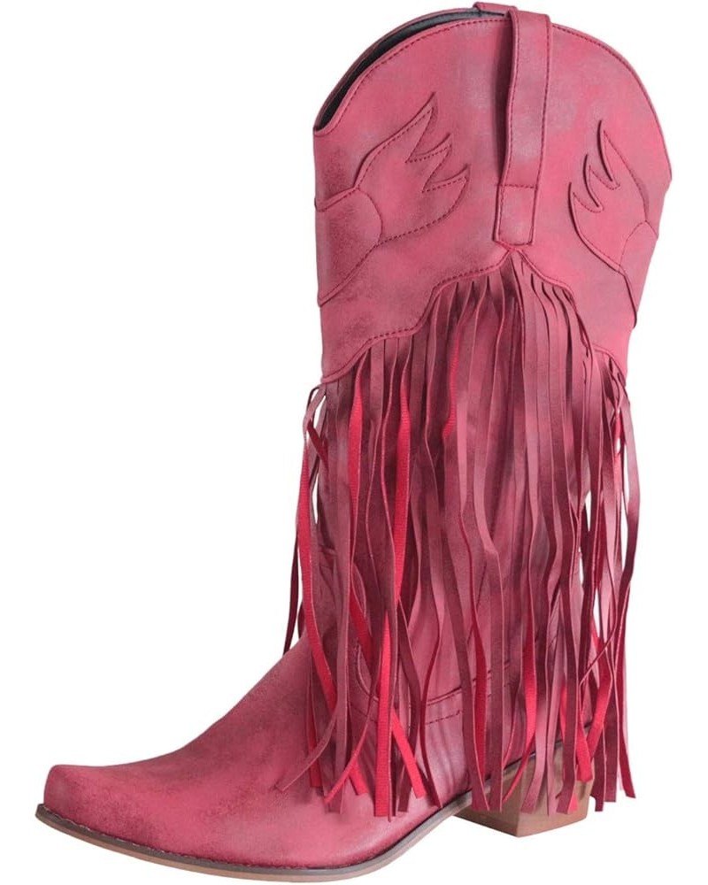 Women's Leather Toe Tassel Low-heeled Shoes Western Cowboy Boots Women Knee High Boots Wide Calf Red $38.99 Boots