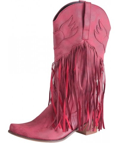 Women's Leather Toe Tassel Low-heeled Shoes Western Cowboy Boots Women Knee High Boots Wide Calf Red $38.99 Boots