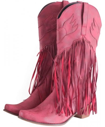 Women's Leather Toe Tassel Low-heeled Shoes Western Cowboy Boots Women Knee High Boots Wide Calf Red $38.99 Boots