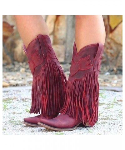 Women's Leather Toe Tassel Low-heeled Shoes Western Cowboy Boots Women Knee High Boots Wide Calf Red $38.99 Boots