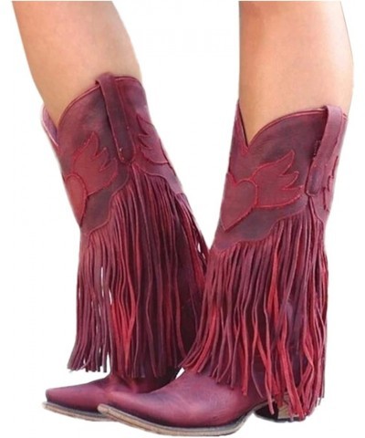 Women's Leather Toe Tassel Low-heeled Shoes Western Cowboy Boots Women Knee High Boots Wide Calf Red $38.99 Boots