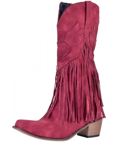 Women's Leather Toe Tassel Low-heeled Shoes Western Cowboy Boots Women Knee High Boots Wide Calf Red $38.99 Boots