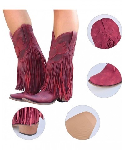 Women's Leather Toe Tassel Low-heeled Shoes Western Cowboy Boots Women Knee High Boots Wide Calf Red $38.99 Boots