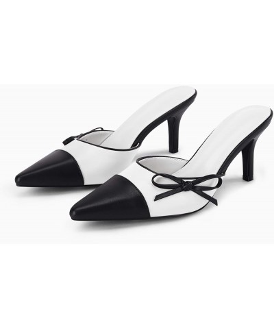 Womens Bow Tie Mules Heels Two Tone Closed Pointed Toe Slip On Backless Wedding Dress Shoes Pumps White $21.84 Pumps