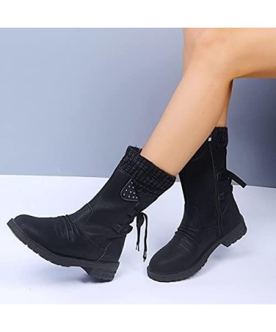 Women's Fashion Slouchy Snow Booties Slip-On Mid Calf Chunky Heel Winter Boots Comfortable Combat Boot with Side Zip Black $1...