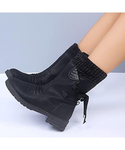 Women's Fashion Slouchy Snow Booties Slip-On Mid Calf Chunky Heel Winter Boots Comfortable Combat Boot with Side Zip Black $1...