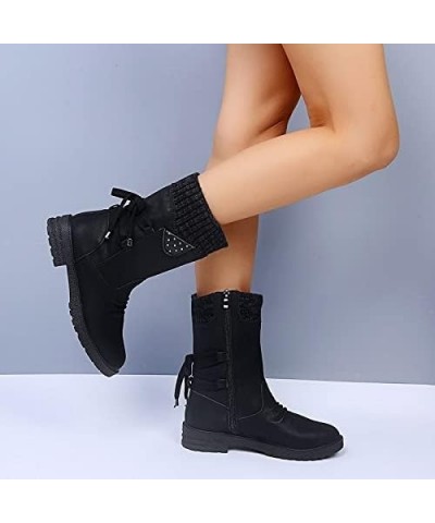 Women's Fashion Slouchy Snow Booties Slip-On Mid Calf Chunky Heel Winter Boots Comfortable Combat Boot with Side Zip Black $1...