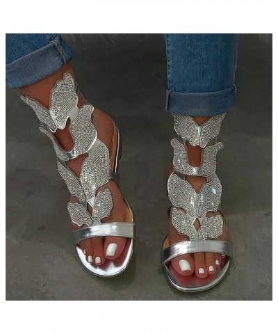 Sandals for Women Dressy Summer,Women Gladiator Sandals Butterfly Flat Summer Strappy Crystal Knee High Flat Sandal Silver $2...