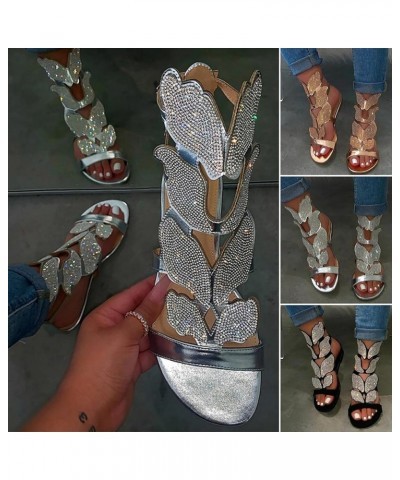 Sandals for Women Dressy Summer,Women Gladiator Sandals Butterfly Flat Summer Strappy Crystal Knee High Flat Sandal Silver $2...