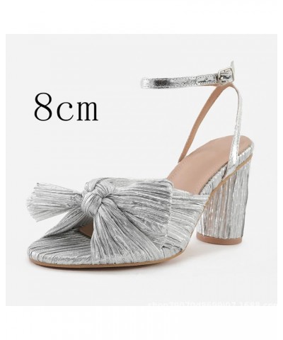 Womens Sandals Flat Summer Women Elegant Pleated Bow Bridal Sandals Block High Heel for Women Ankle Strap Heeled Sandals Silv...