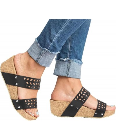 Women'S Wedges Straw Shoes, Summer Open Toe Ankle Strap Sandals, Fashion Chunky Heels Roman Sandals D-black $17.80 Outdoor Shoes