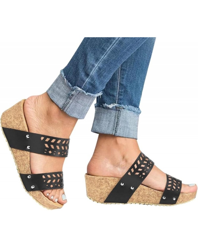 Women'S Wedges Straw Shoes, Summer Open Toe Ankle Strap Sandals, Fashion Chunky Heels Roman Sandals D-black $17.80 Outdoor Shoes