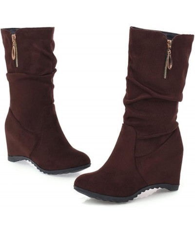 Fashion Pure Color Round Toe Slip-Up Boots Wedge Heels Vintage Women Boots Z 23-brown $21.53 Boots