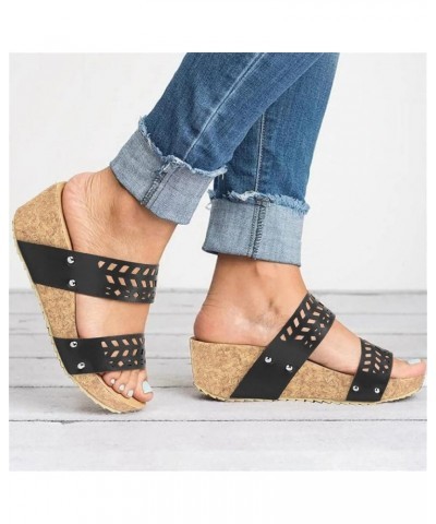 Women'S Wedges Straw Shoes, Summer Open Toe Ankle Strap Sandals, Fashion Chunky Heels Roman Sandals D-black $17.80 Outdoor Shoes