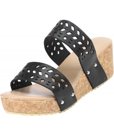 Women'S Wedges Straw Shoes, Summer Open Toe Ankle Strap Sandals, Fashion Chunky Heels Roman Sandals D-black $17.80 Outdoor Shoes