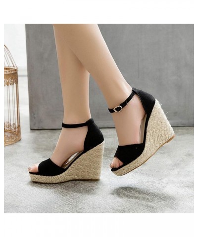 Women's Espadrille Wedge Sandals Open Toe Buckle Ankle Strap Chunky High Heel Platform Dress Sandal Black $26.95 Sandals