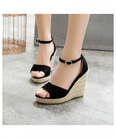 Women's Espadrille Wedge Sandals Open Toe Buckle Ankle Strap Chunky High Heel Platform Dress Sandal Black $26.95 Sandals