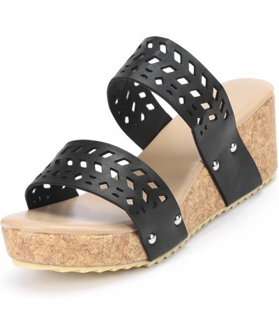 Women'S Wedges Straw Shoes, Summer Open Toe Ankle Strap Sandals, Fashion Chunky Heels Roman Sandals D-black $17.80 Outdoor Shoes