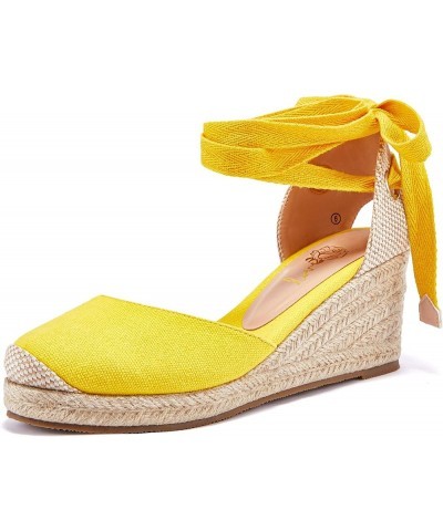 Womens Platform Espadrille Sandals Lace Up Closed Toe Summer Wedge Sandals 1-yellow $22.54 Sandals