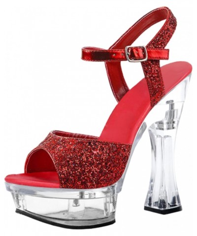 14CM/5.51In Chunky Heel Sequins High Heel Women's Ankle Strap Open Toe Sandals Platform Plus Size High Heel Pumps,Red,11 $30....