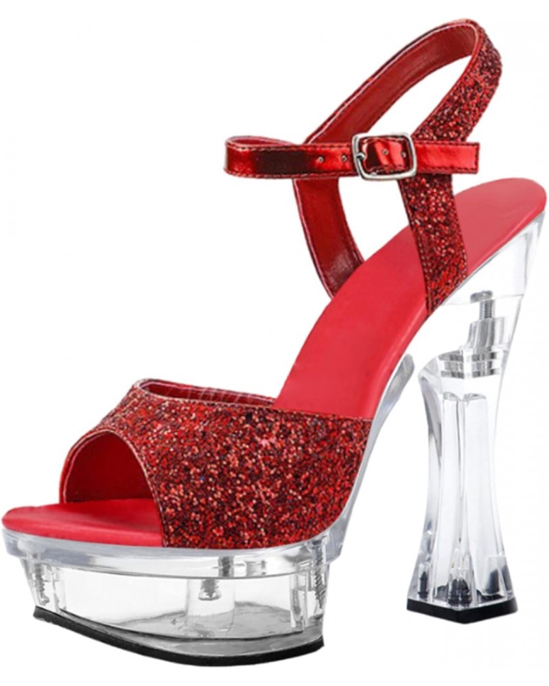 14CM/5.51In Chunky Heel Sequins High Heel Women's Ankle Strap Open Toe Sandals Platform Plus Size High Heel Pumps,Red,11 $30....