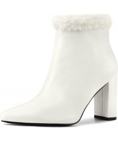 Women's Pointed Toe Faux Fur Block Heel Ankle Boots White $21.16 Boots