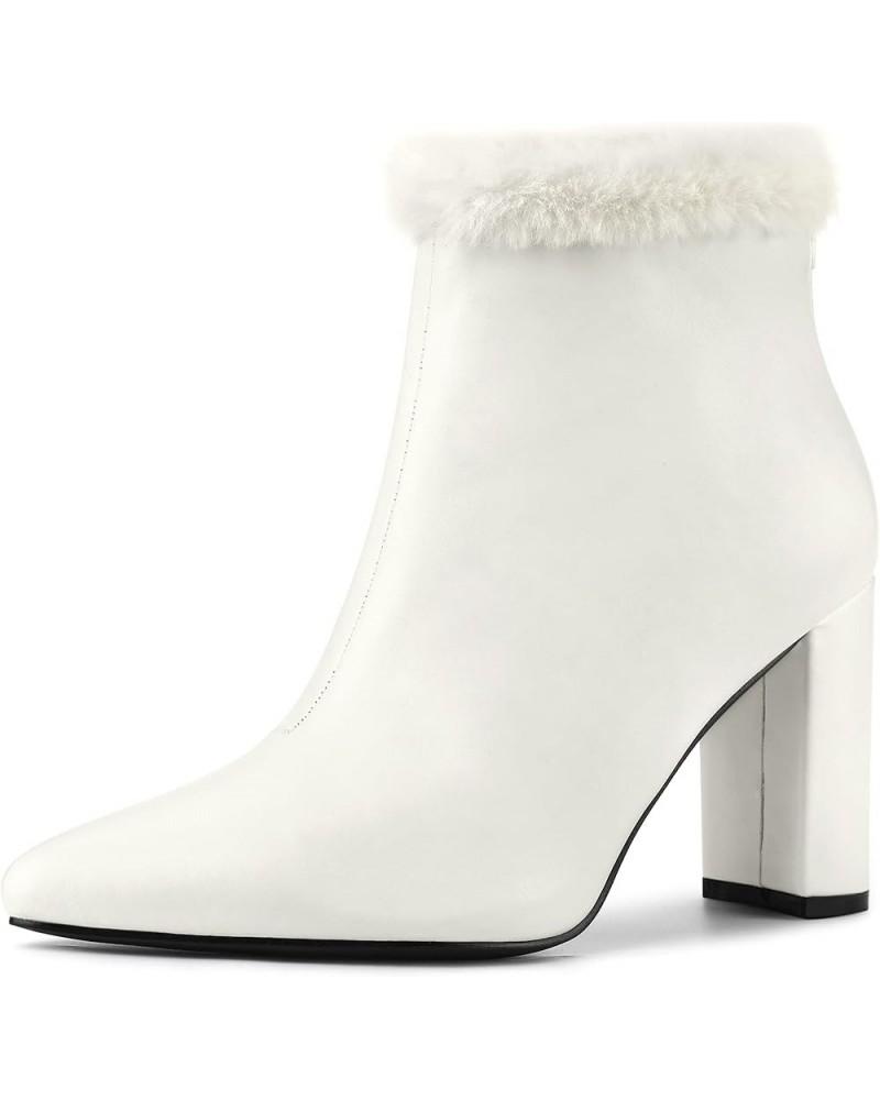 Women's Pointed Toe Faux Fur Block Heel Ankle Boots White $21.16 Boots