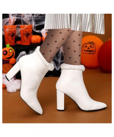 Women's Pointed Toe Faux Fur Block Heel Ankle Boots White $21.16 Boots