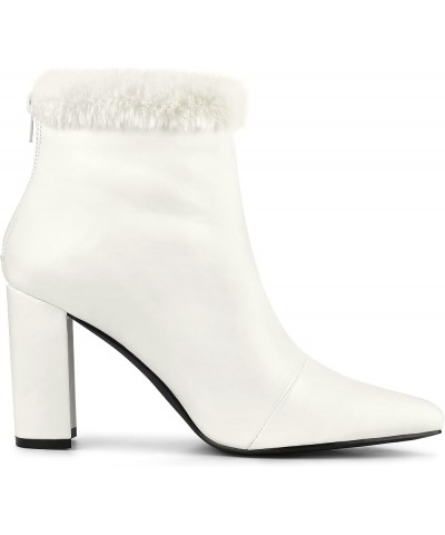 Women's Pointed Toe Faux Fur Block Heel Ankle Boots White $21.16 Boots