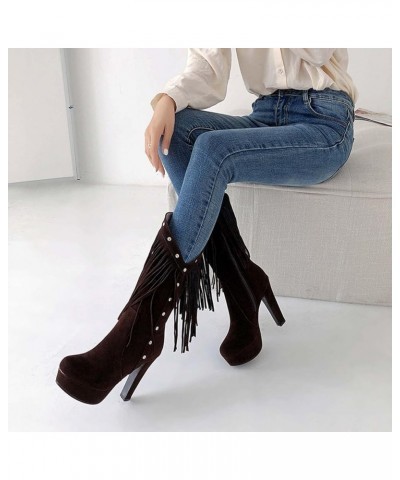 Women's Foreign Trade Large Size Tassel Side Zipper Platform Ultrahigh Heel Medium Boots Thigh High Wide Calf Boots for Women...