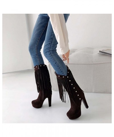 Women's Foreign Trade Large Size Tassel Side Zipper Platform Ultrahigh Heel Medium Boots Thigh High Wide Calf Boots for Women...