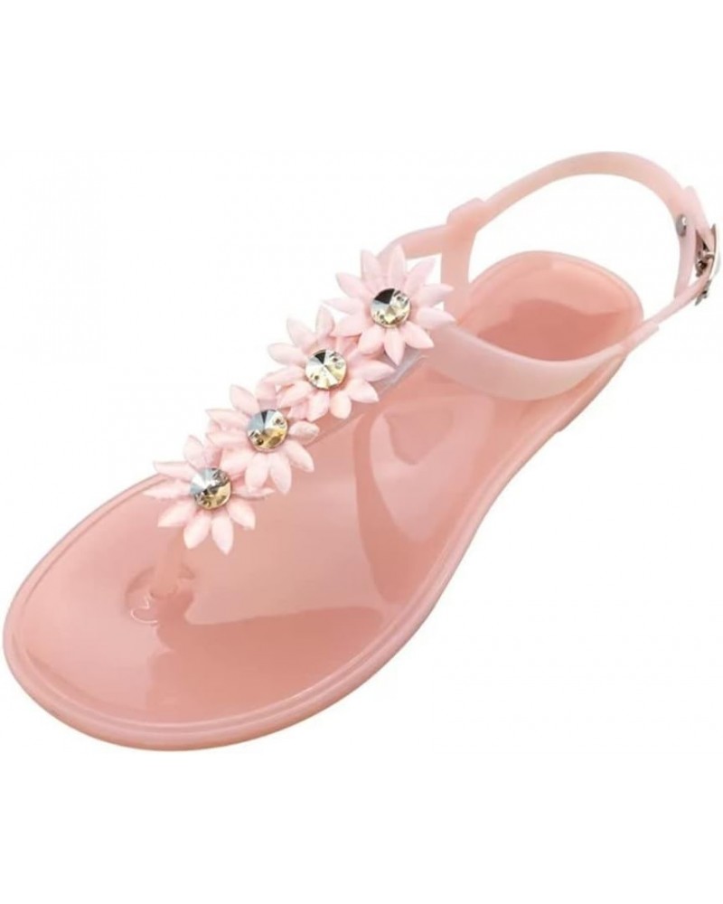 Womens Casual Flip Flops T-strap Jelly Sandals Summer Flat Beach Rain Shoes Four Flowers Jelly Pink $10.63 Sandals