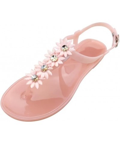 Womens Casual Flip Flops T-strap Jelly Sandals Summer Flat Beach Rain Shoes Four Flowers Jelly Pink $10.63 Sandals