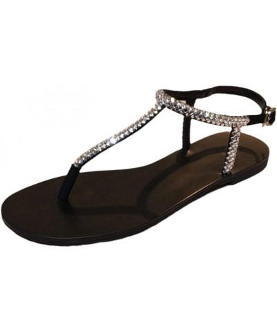 Summer Women Beach Sandals Lady Shining Diamond Shoes Boho T-Strap Flops Slipper Femal Plus Size Black 7 $15.40 Sandals