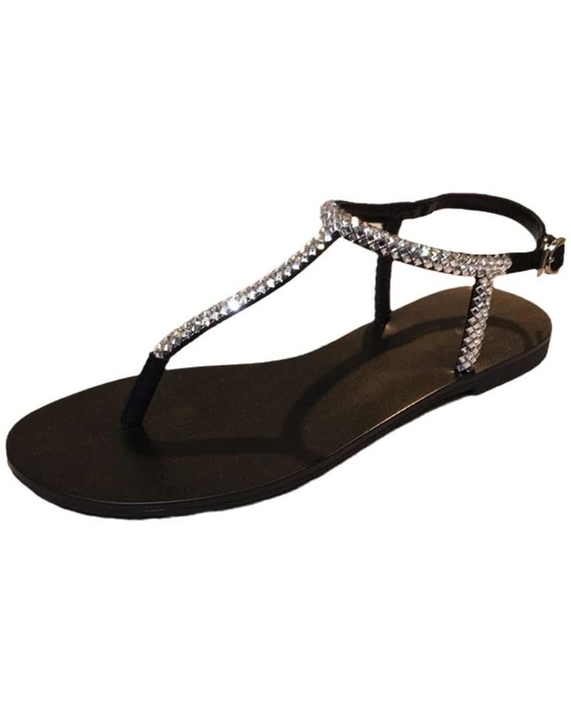 Summer Women Beach Sandals Lady Shining Diamond Shoes Boho T-Strap Flops Slipper Femal Plus Size Black 7 $15.40 Sandals