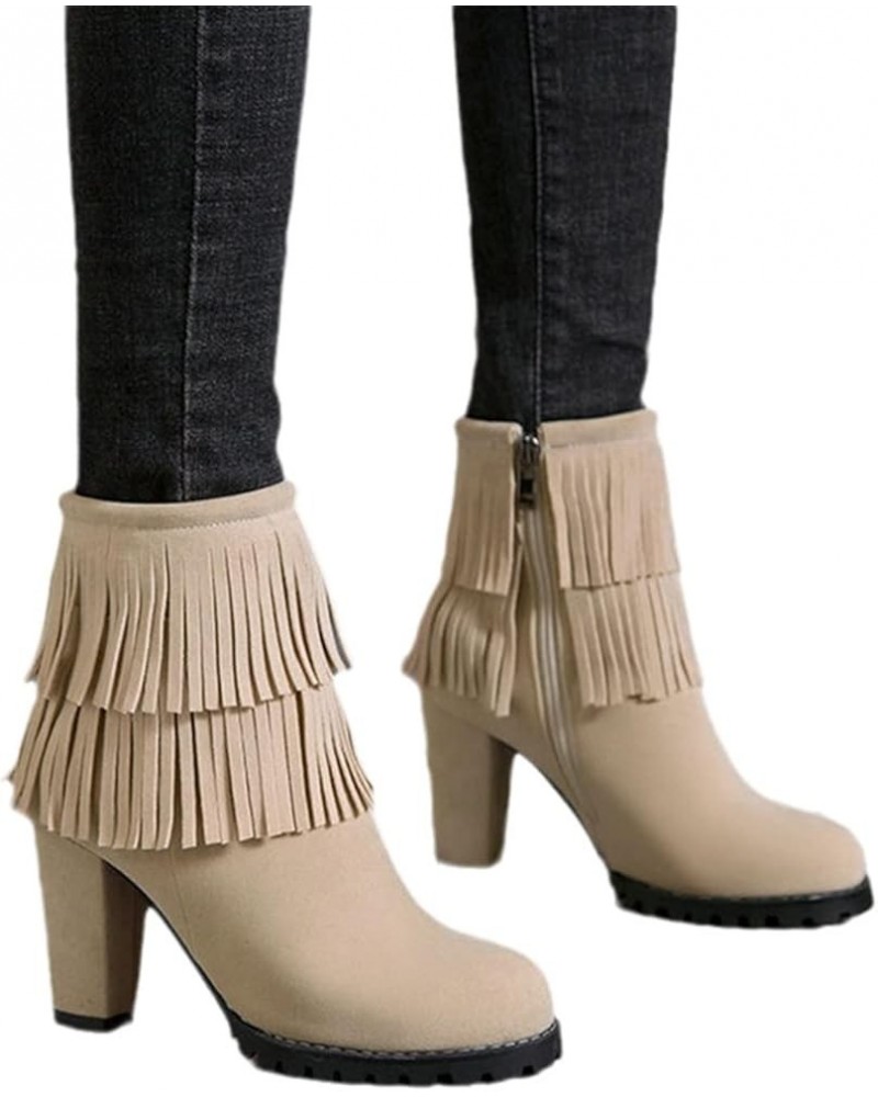 Women's Fringe Block Heeled Ankle Boots,Winter Suede Warm Booties,High Heels Retro Short Boots,Women Elegant Ankle Shoes for ...