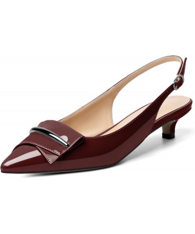 Women's Slingback Low kitten Heel Pumps Pointed Toe Heels Adjustable Strap Heeled Buckle Casual Wedding Shoes Patent Burgundy...