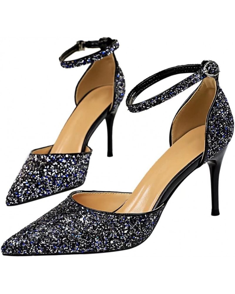 Women's Pointed Toe Pumps Sexy Sequin Stiletto High Heels with Adjustable Ankle Strap Party Dress Heeled Shoes Blue(2.95inch)...