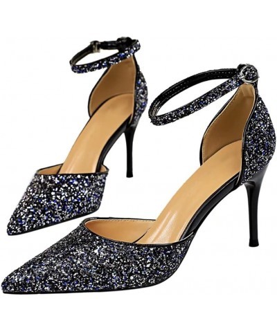 Women's Pointed Toe Pumps Sexy Sequin Stiletto High Heels with Adjustable Ankle Strap Party Dress Heeled Shoes Blue(2.95inch)...