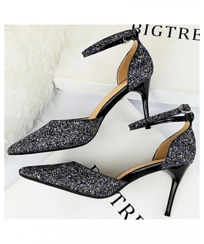 Women's Pointed Toe Pumps Sexy Sequin Stiletto High Heels with Adjustable Ankle Strap Party Dress Heeled Shoes Blue(2.95inch)...