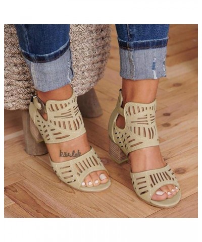 Sandals for Women Dressy Summer,Women's Back Zipper Hollow Out Open Toe Sandals Chunky Heeled Sandals Pumps Khaki $18.01 Sandals