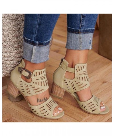 Sandals for Women Dressy Summer,Women's Back Zipper Hollow Out Open Toe Sandals Chunky Heeled Sandals Pumps Khaki $18.01 Sandals