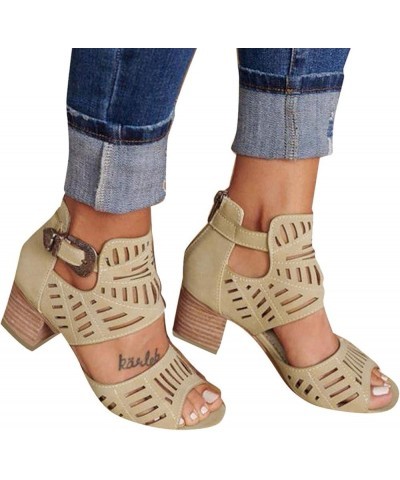 Sandals for Women Dressy Summer,Women's Back Zipper Hollow Out Open Toe Sandals Chunky Heeled Sandals Pumps Khaki $18.01 Sandals