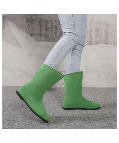 Women'S Fashion Solid Color Sand Surface Mid Calf Boots Pu Flat Heel Short Boots Heel Short Heel Train Boots for Women Green ...