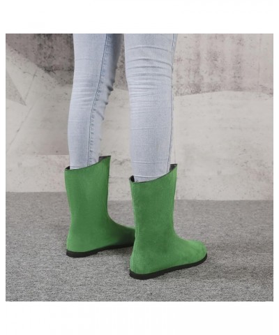 Women'S Fashion Solid Color Sand Surface Mid Calf Boots Pu Flat Heel Short Boots Heel Short Heel Train Boots for Women Green ...