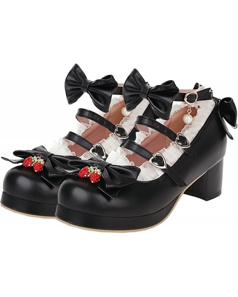 Women Cute Shoes Kawaii Pumps Mid Block Heel Mary Janes Platform Sweet Cosplay Dress Shoes Strappy Ankle Strap Pumps with Bow...